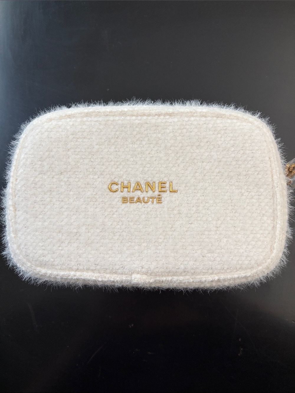 CHANEL Beauté Cream Tweed Cosmetic Pouch with Gold Logo